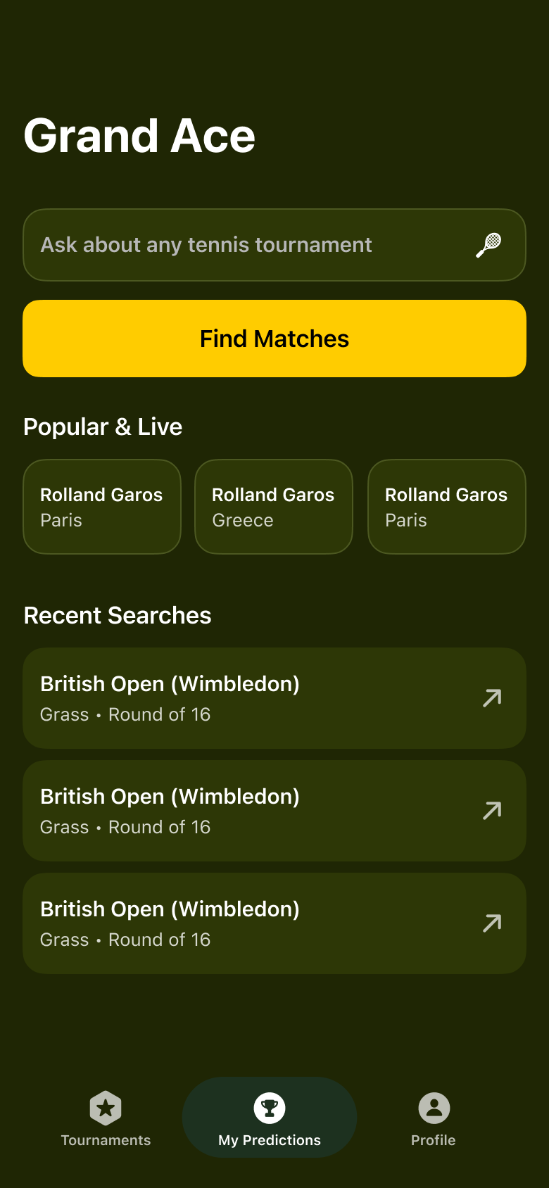 Grand Ace tournament search screen