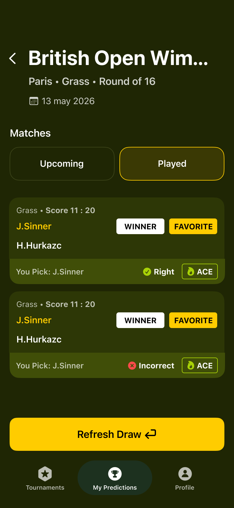 Match cards with winner, favorite, and Ace badges
