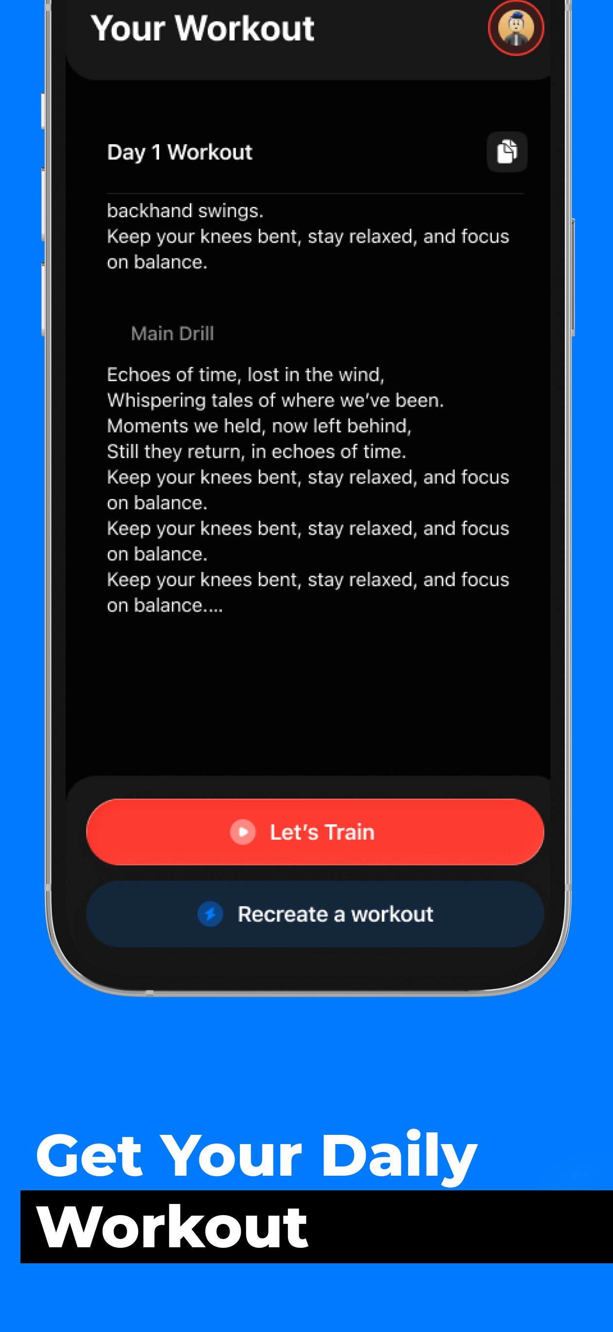 Training plan screen
